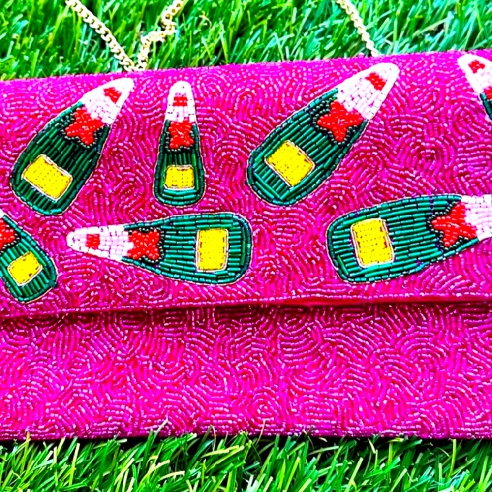 Pink beaded clutch handbag purse